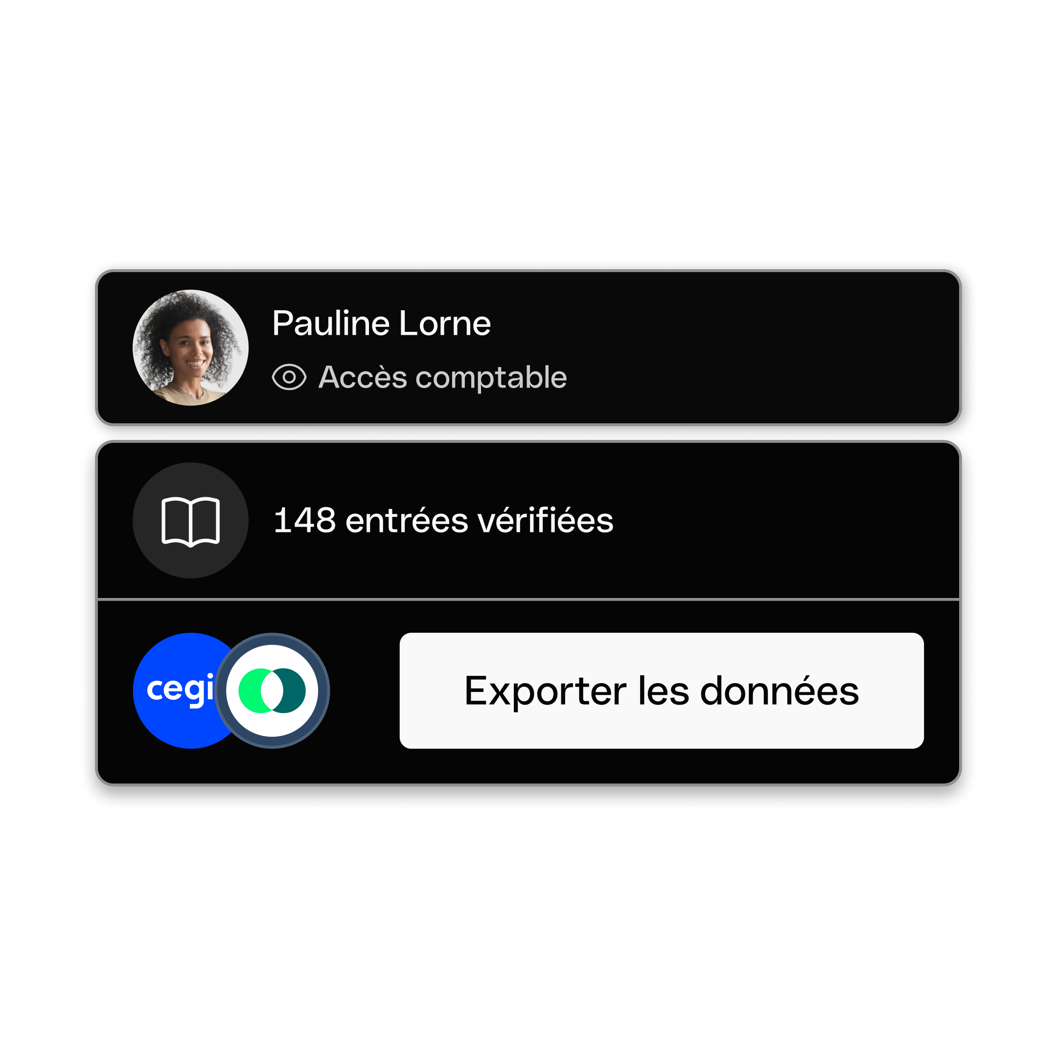 Interface utilisateur Web - Sujet principal - Mise en avant - Fiches Bento - Écritures comptables - Exportation - Mode sombre