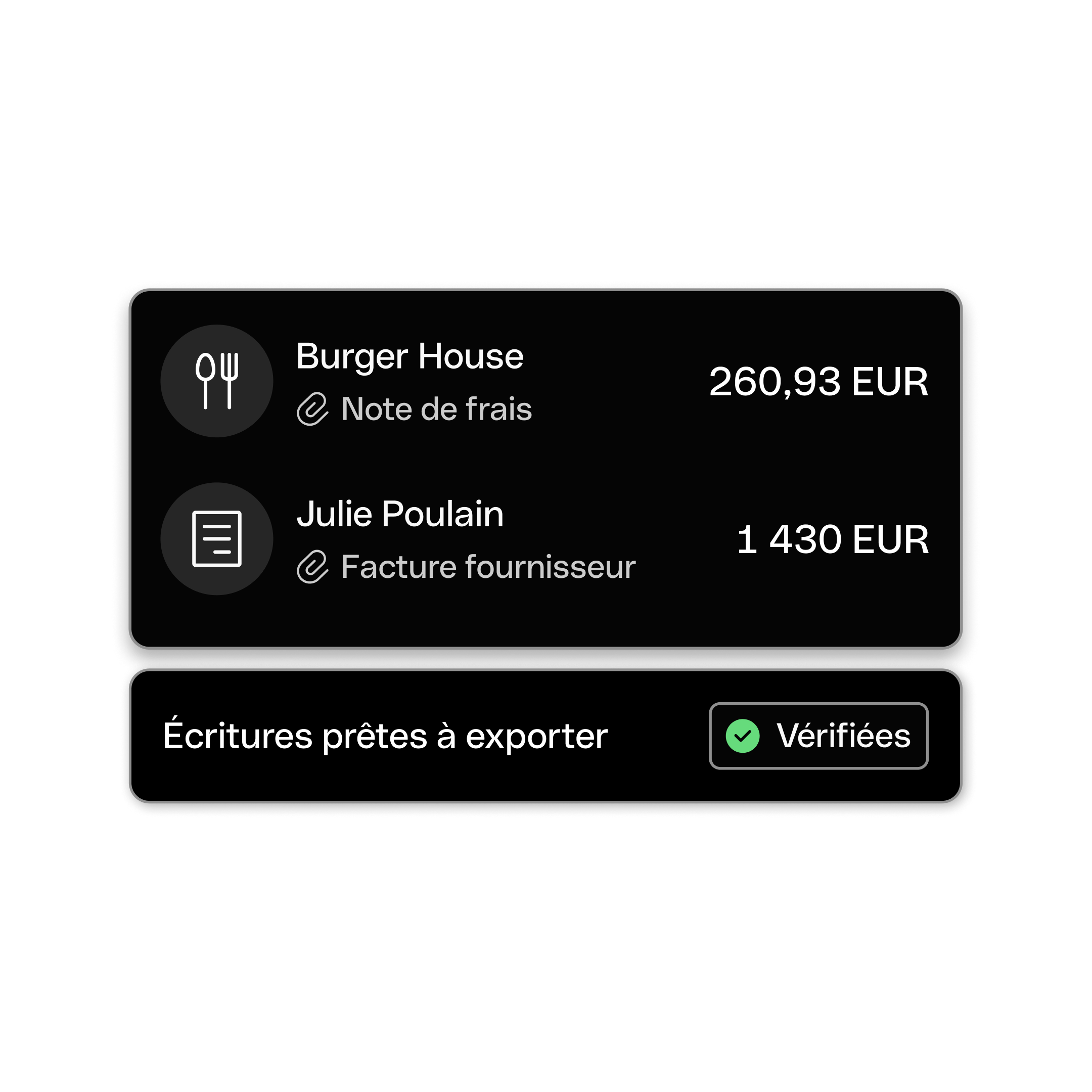Interface utilisateur Web - Sujet principal - Mise en avant - Bento - Fiches de titre - Révision des écritures comptables - Mode sombre