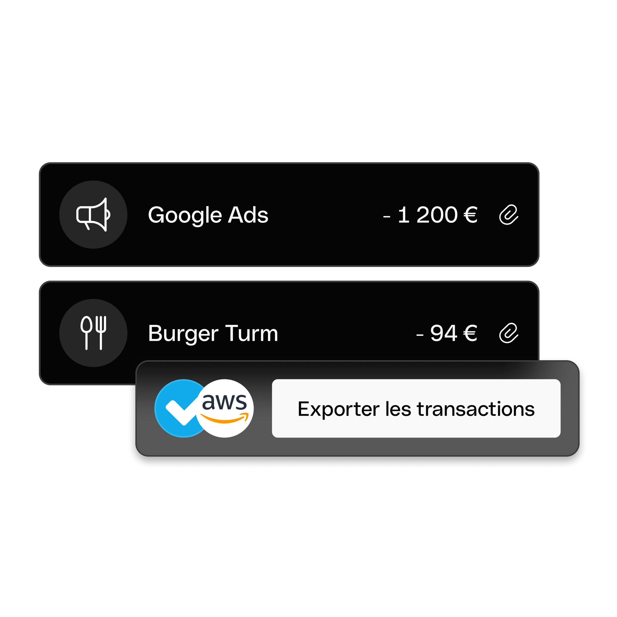 Interface utilisateur Web - Sujet principal - Bento - Cartes de titre - Exportation des transactions - Intégrations - AWS - Dougs - Mode sombre