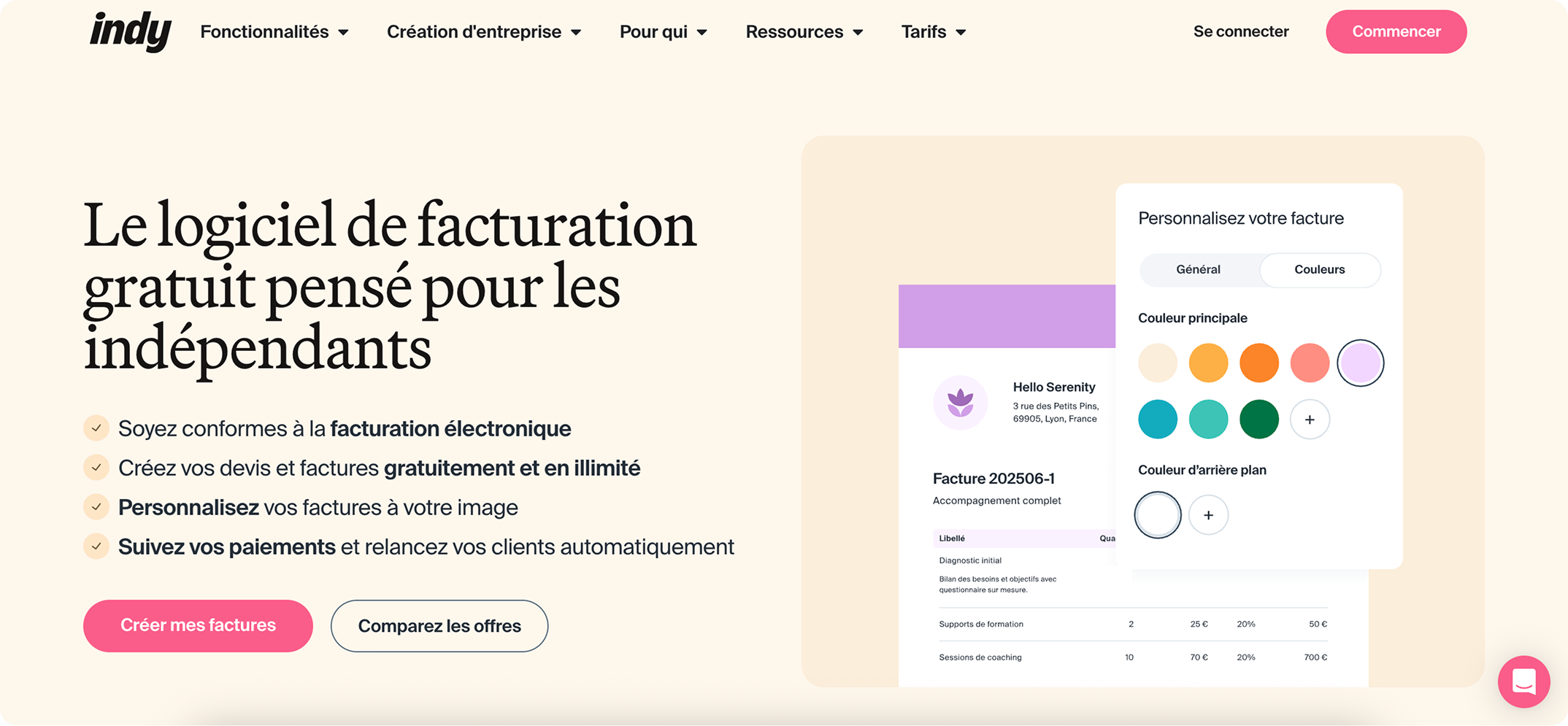 Page d'en-tête de facturation Indy
