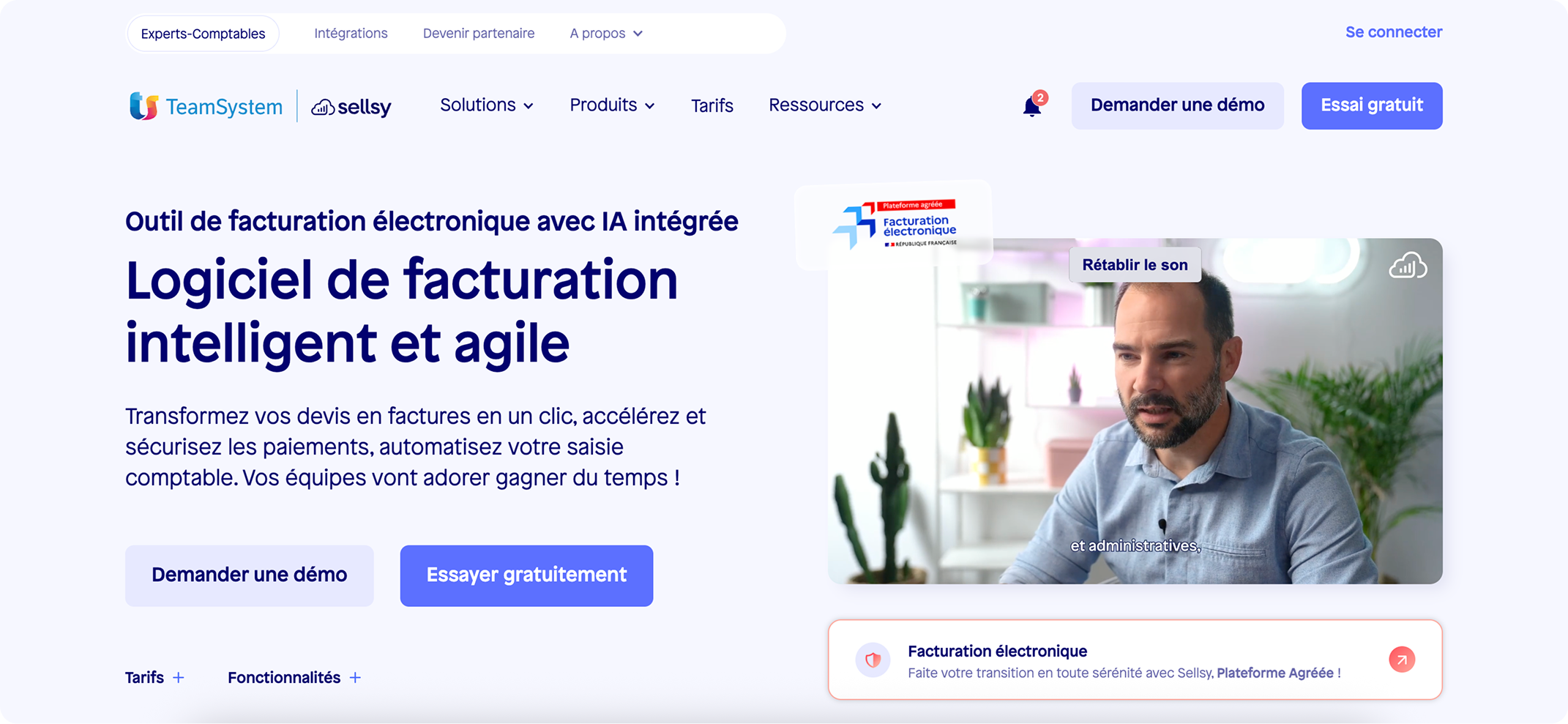 En-tête de la page de facturation Sellsy