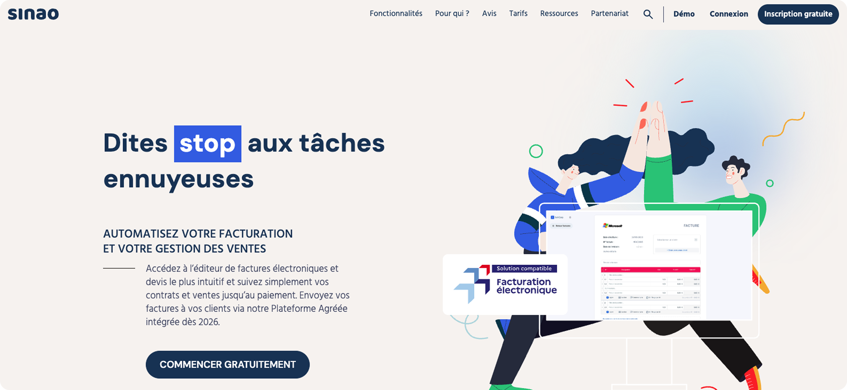 En-tête de la page de facturation de Sinao