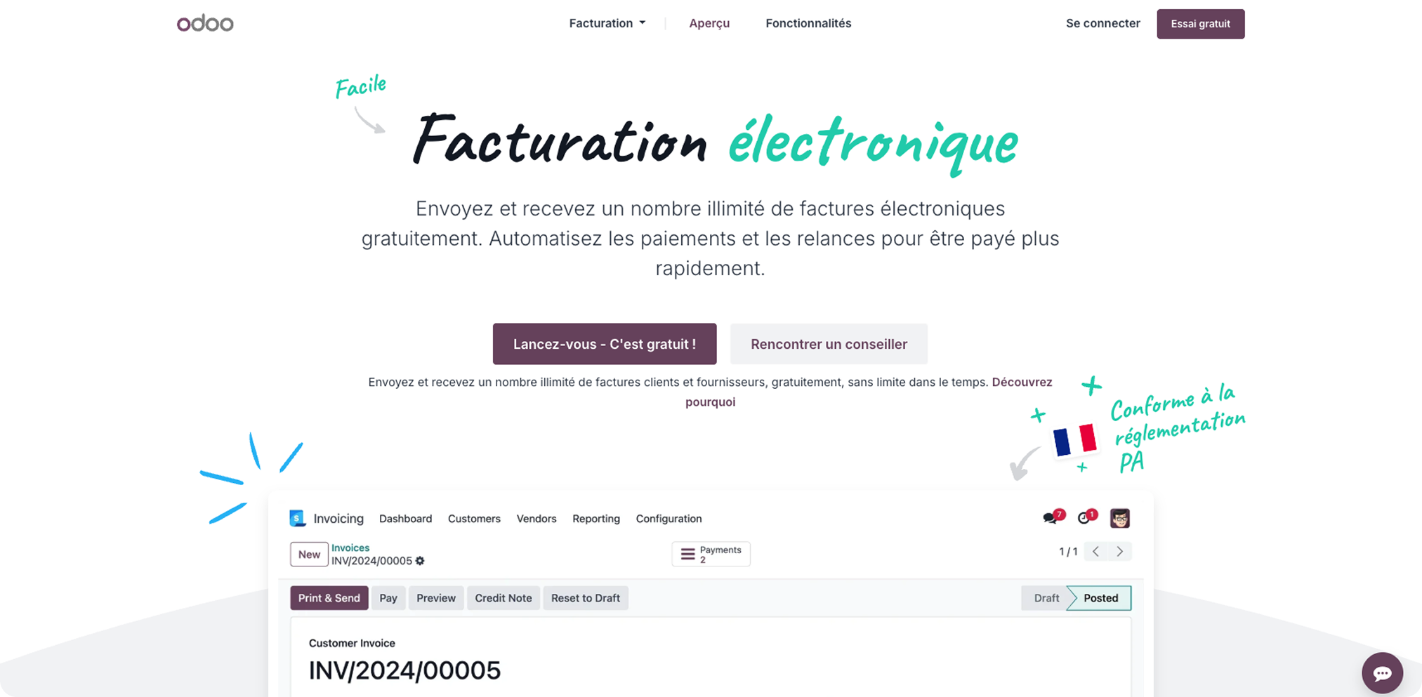 En-tête de la page de facturation Odoo