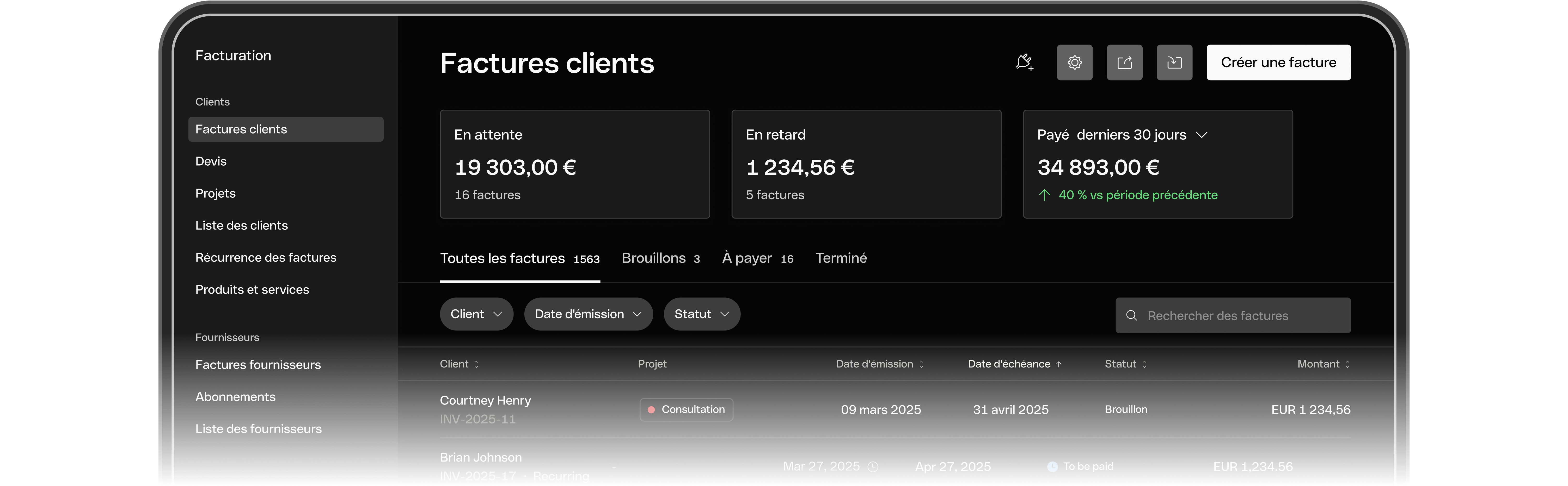 Liste des factures clients (Mode sombre pour ordinateur)