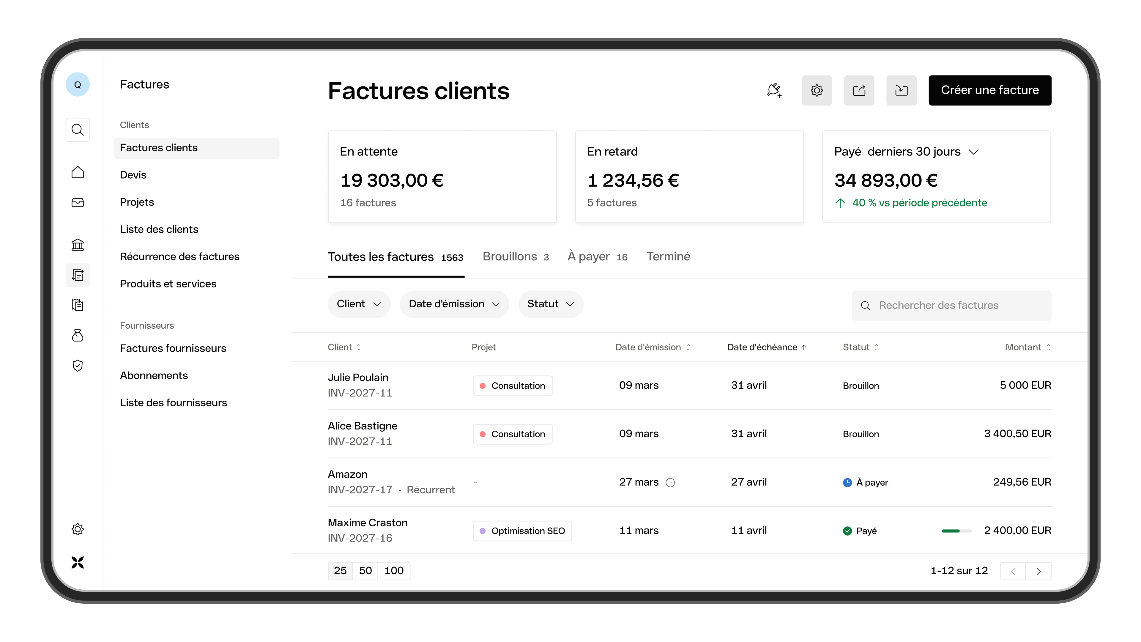 Aperçu des factures clients (Mode sombre)