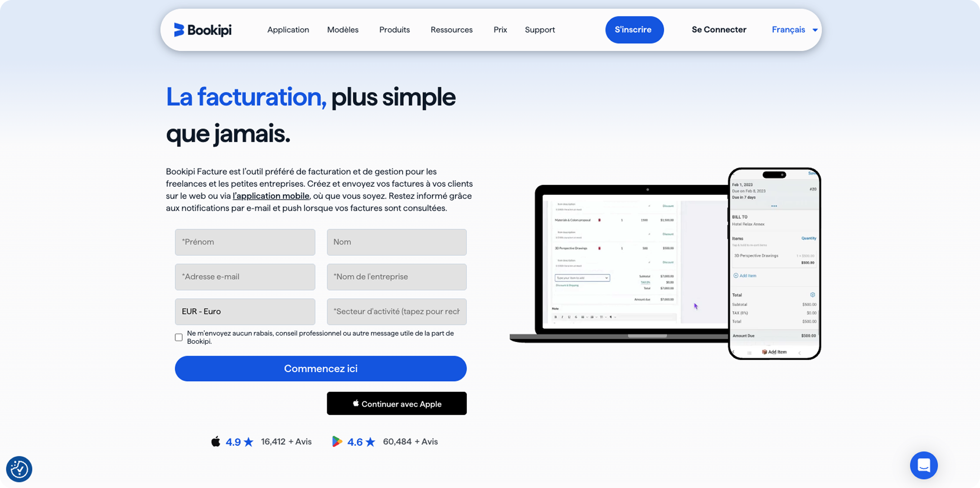 En-tête de la page de facturation Bookipi