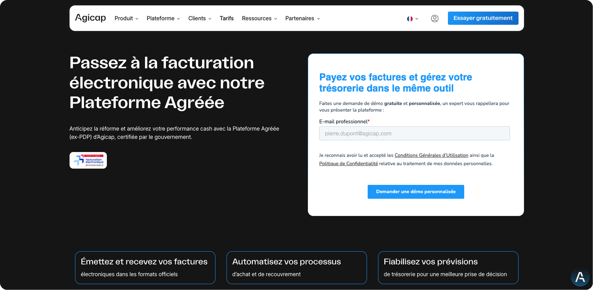 En-tête de la page de facturation Agicap