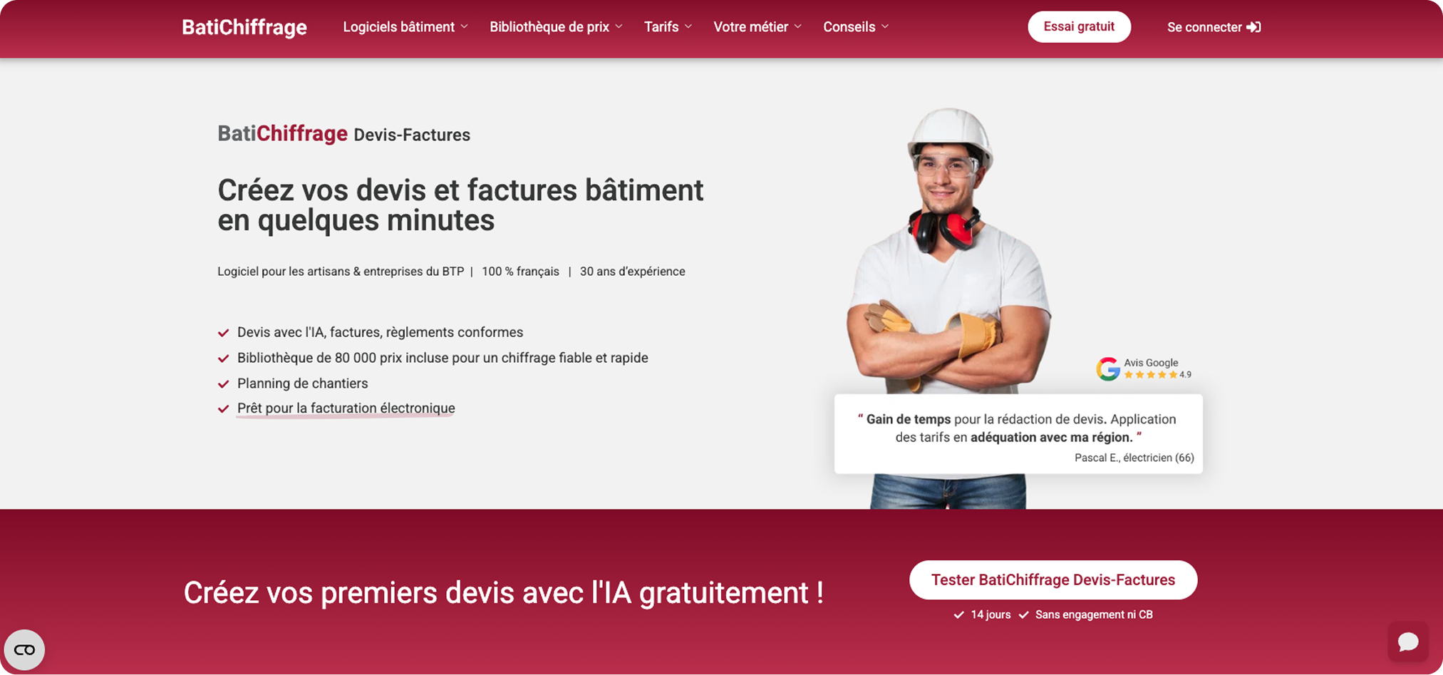 En-tête de la page de facturation BatiChiffrage