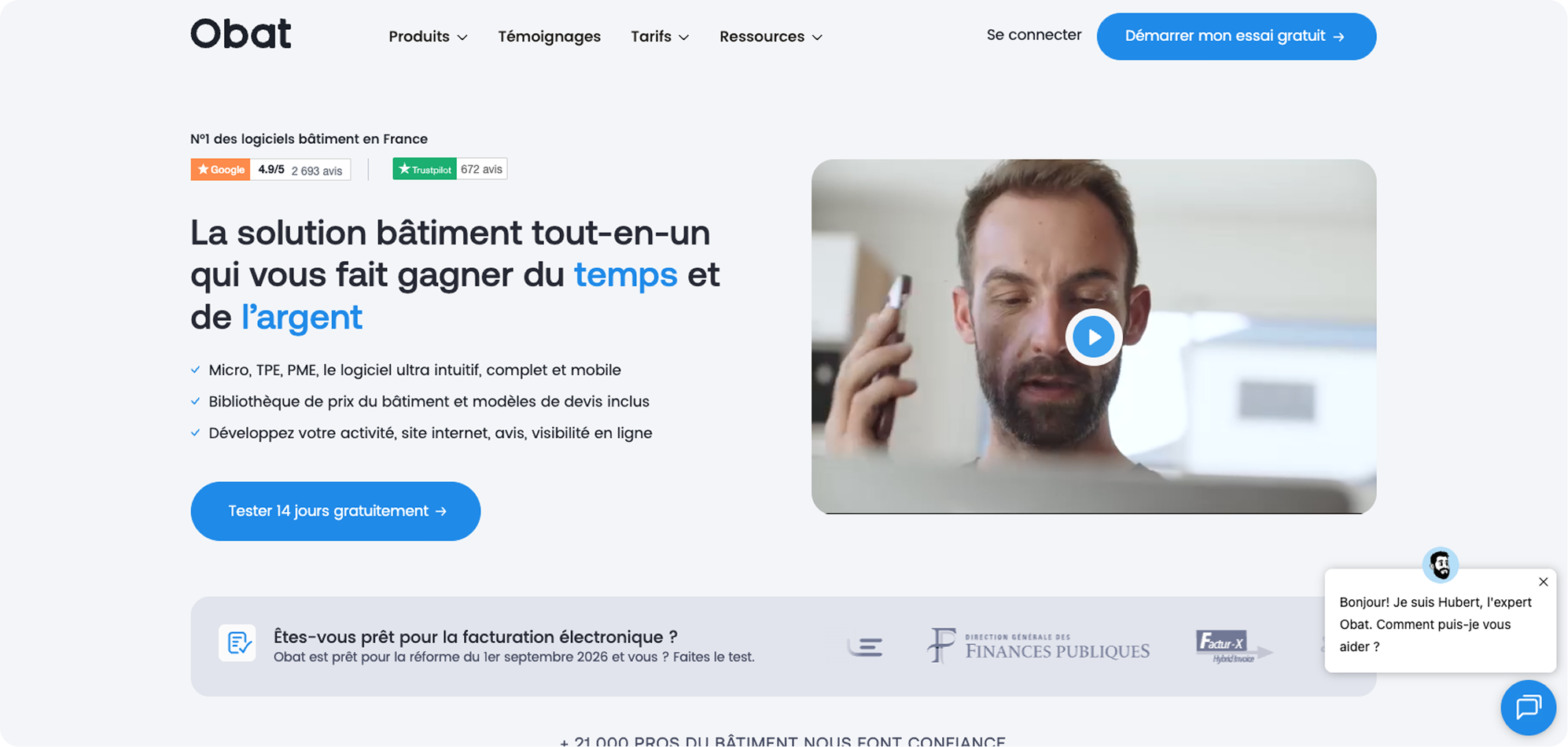 En-tête de la page de facturation Obat