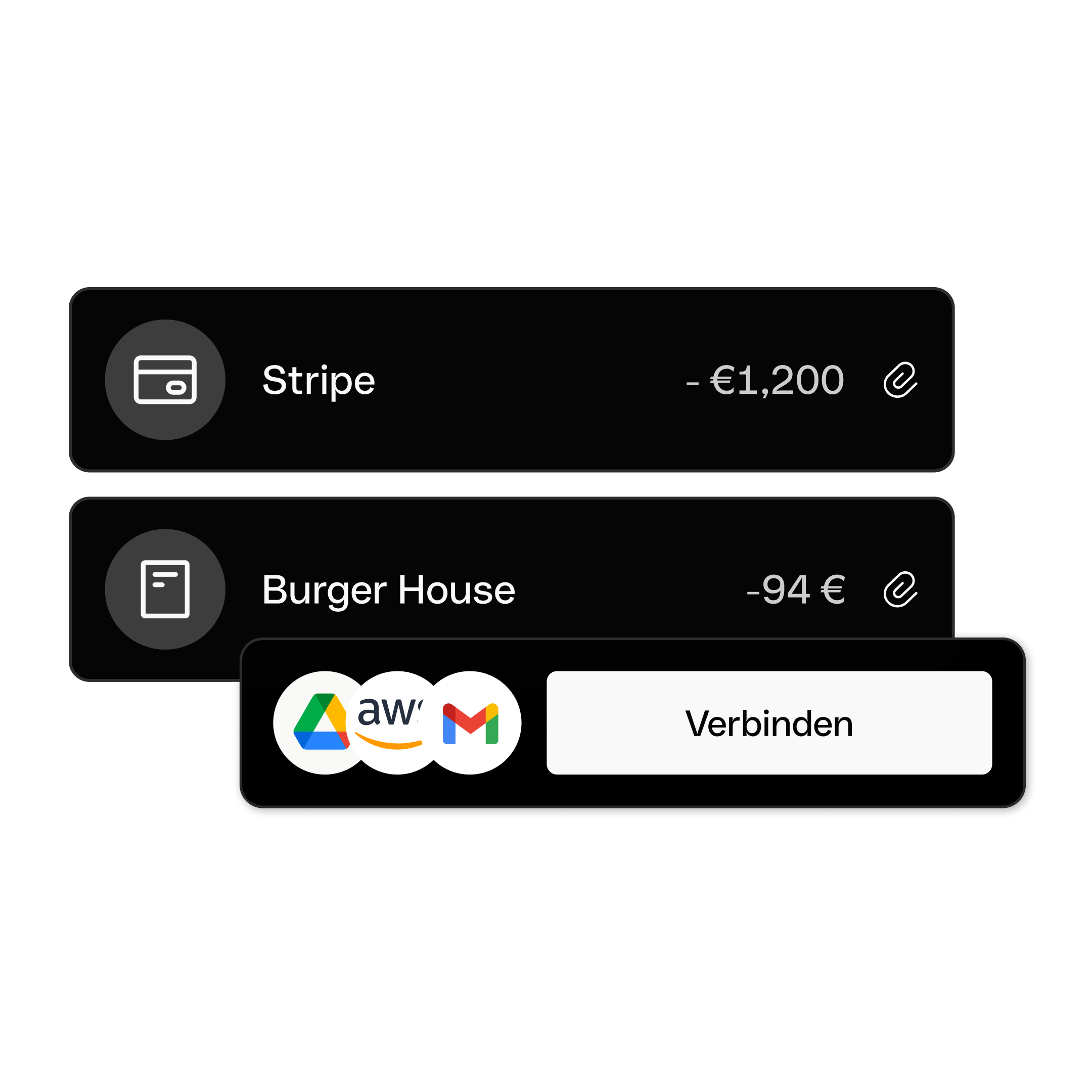 Rechnungsintegrationen: Gmail, Amazon, Google Drive, Dunkelmodus