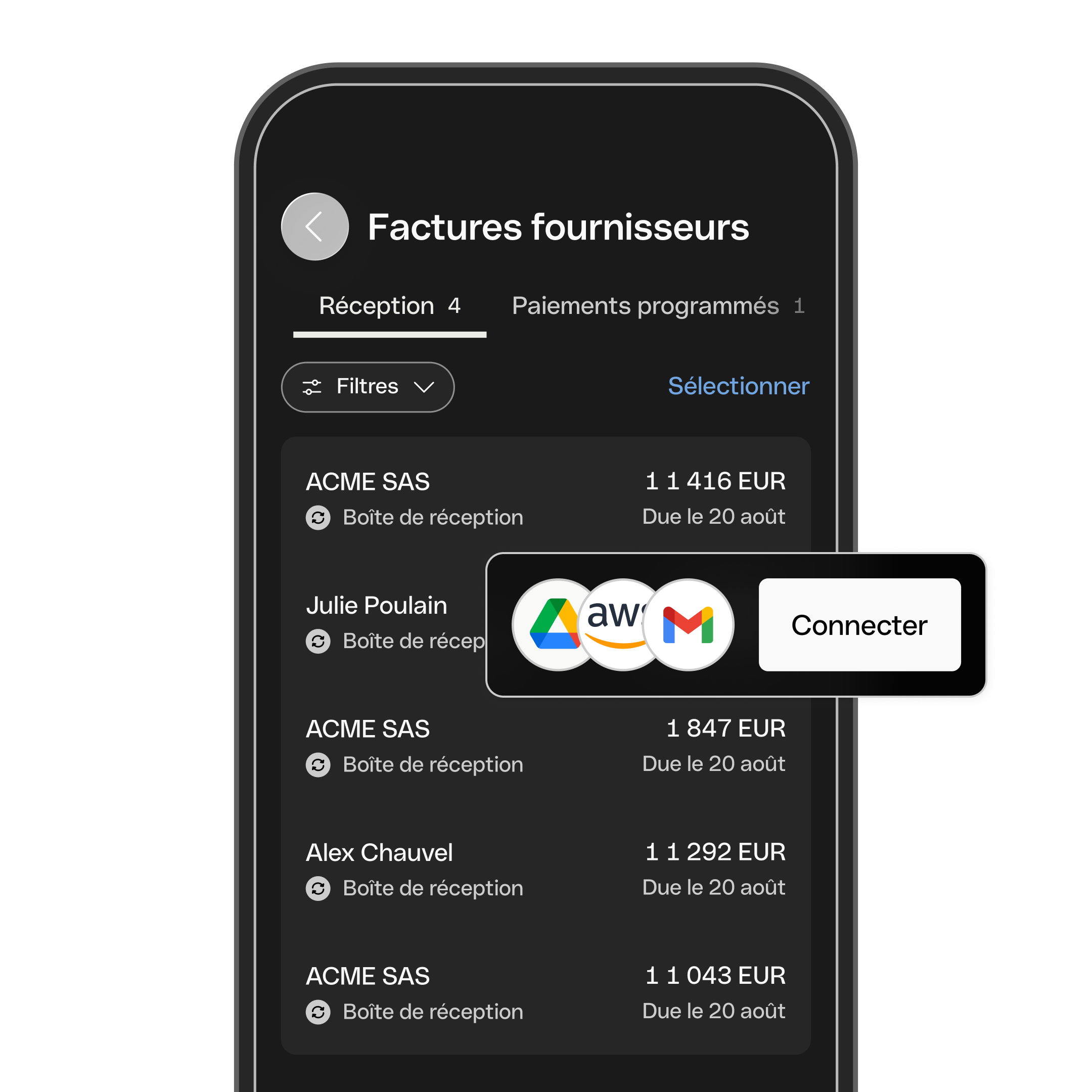Intégrations des factures fournisseurs | Mode sombre mobile