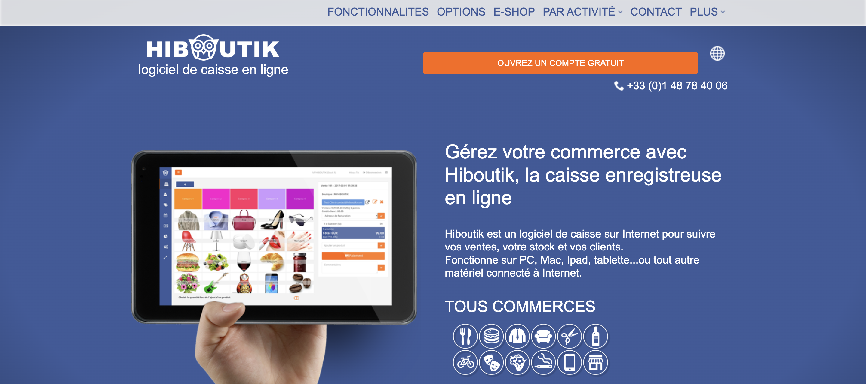 En-tête de la page de caisse enregistreuse Hiboutik