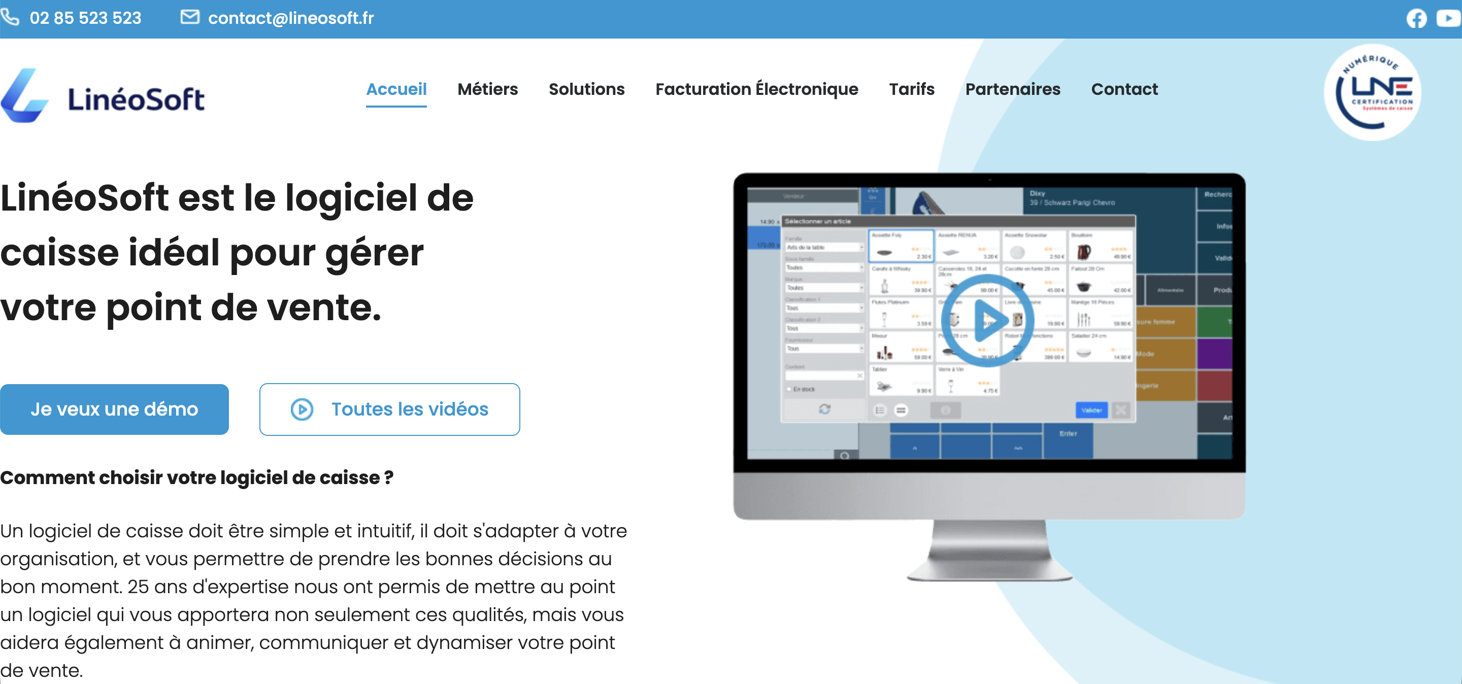 En-tête de la page de caisse enregistreuse LineoSoft