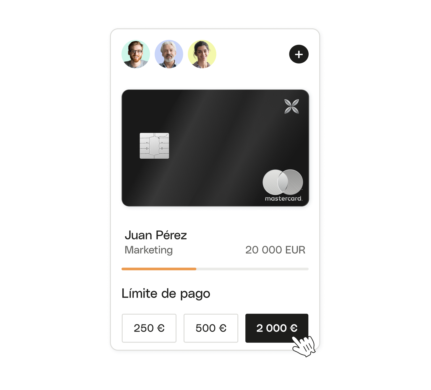 Tema de interfaz de usuario blanco resaltado Límites de gastos de equipo avanzados XCard