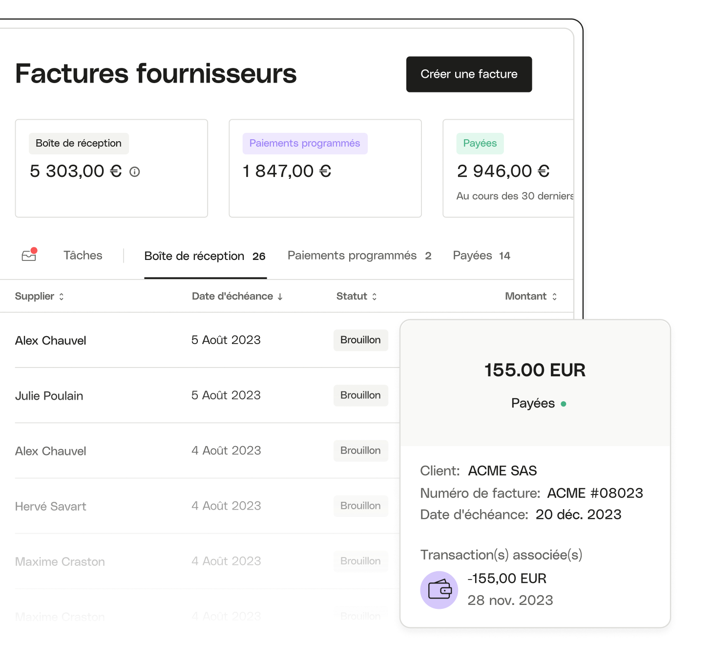 Sujet de l'interface utilisateur mettant en surbrillance l'état de la facture