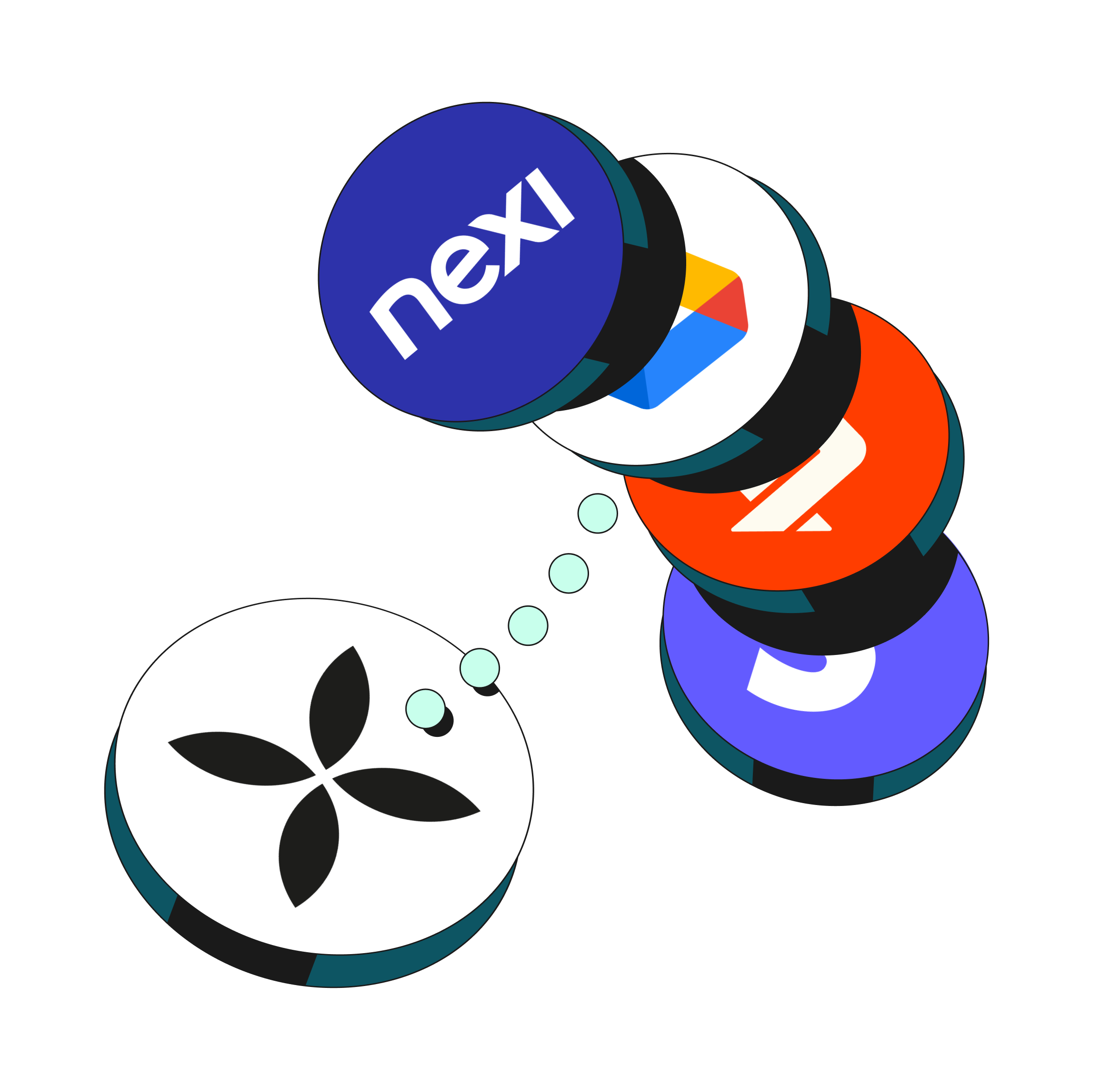 WEB Flow Mint Hero TopicHighlight Bento Integrazioni Nexi GoogleDrive Satispay Stripe
