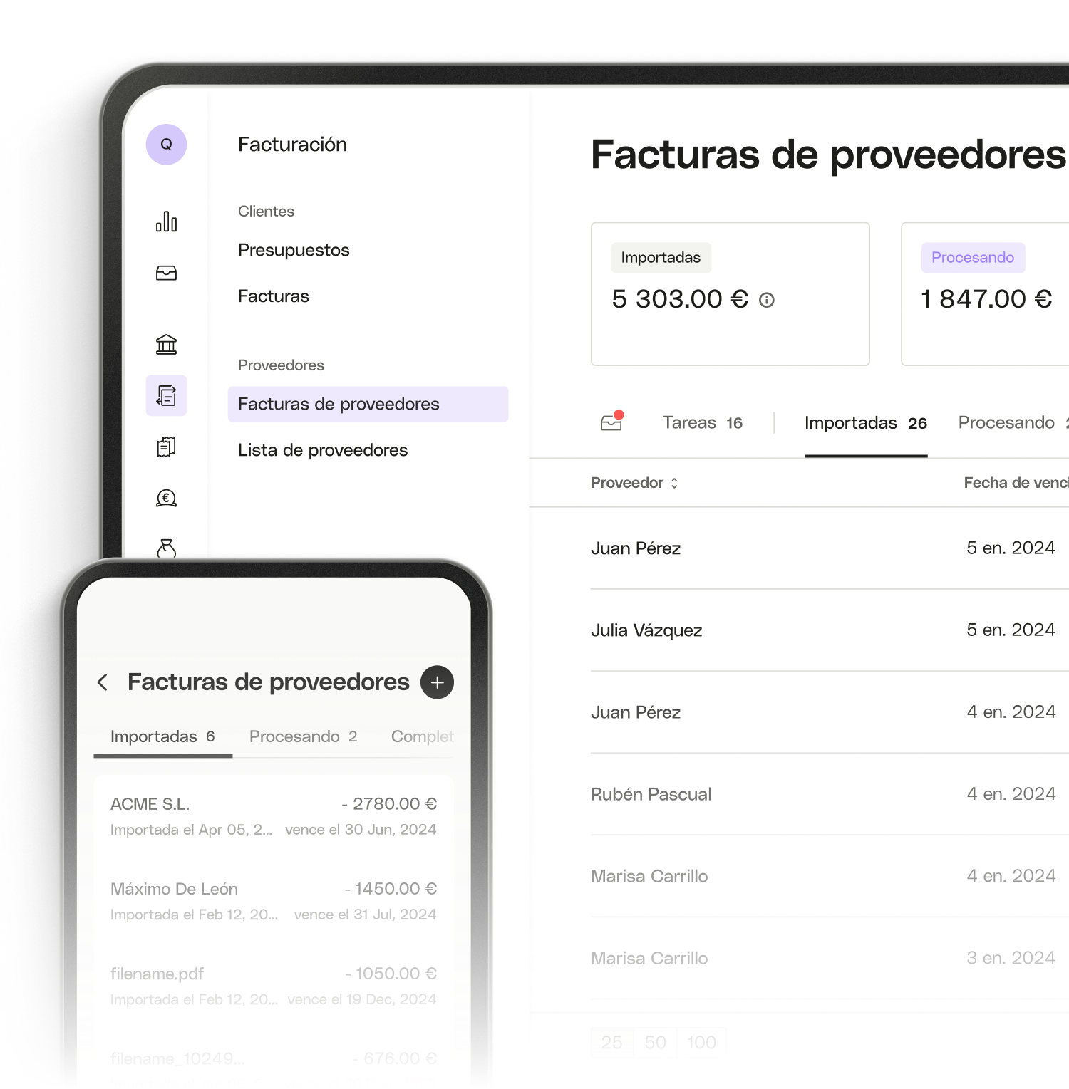 Facturas de proveedores móviles de UI Hero